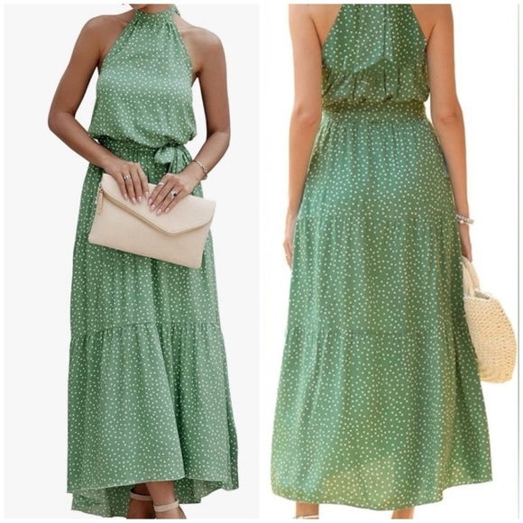 PRETTYGARDEN Halter Neck Sleeveless Maxi Dress tiered Sundress, polka dot, sz S - Picture 2 of 16